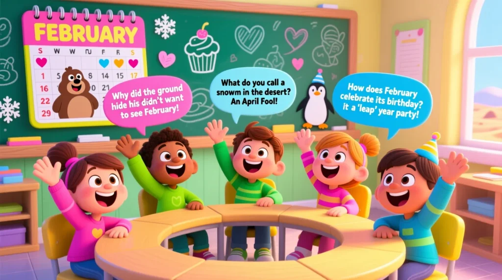 Kids laughing and answering February-themed Q&A jokes with speech bubbles, cheerful classroom setting, and playful expressions.
