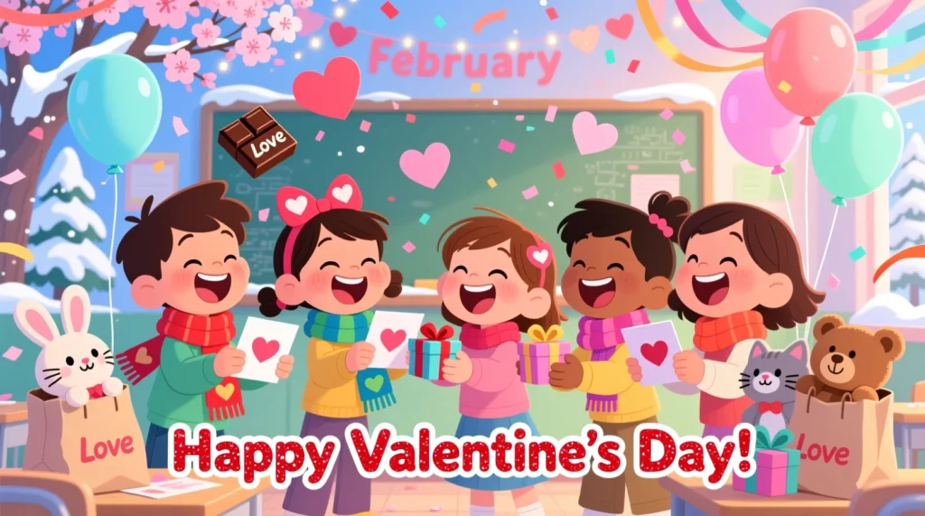Kids exchanging Valentine’s Day cards and gifts, surrounded by hearts, chocolates, and cheerful decorations.