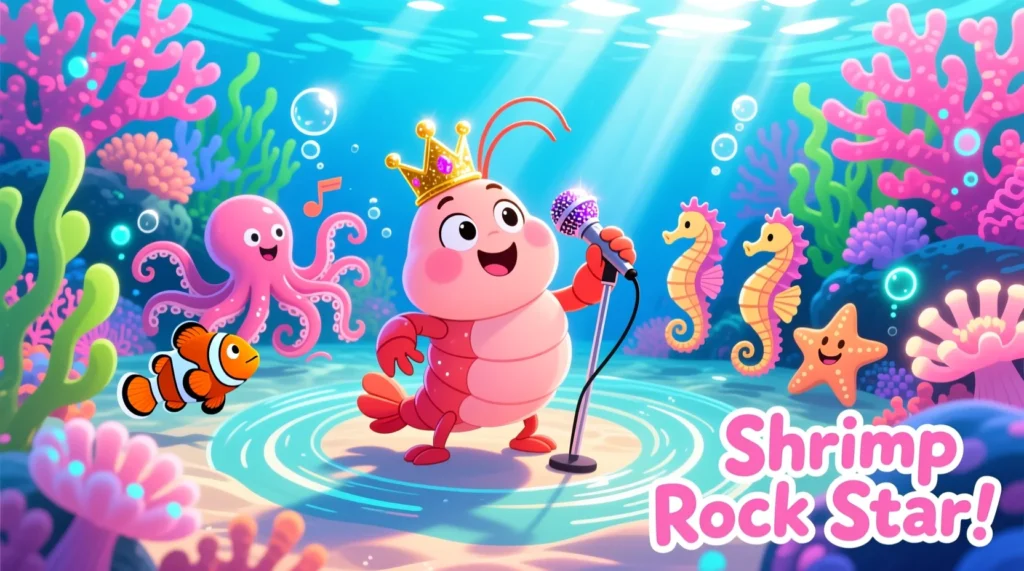 Cartoon shrimp crowned as “king of puns” telling jokes underwater with colorful coral and sea creatures.