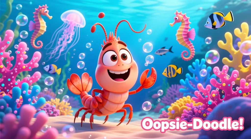 Cartoon shrimp with playful expressions underwater, surrounded by bubbles and coral, representing short and snappy shrimp puns.