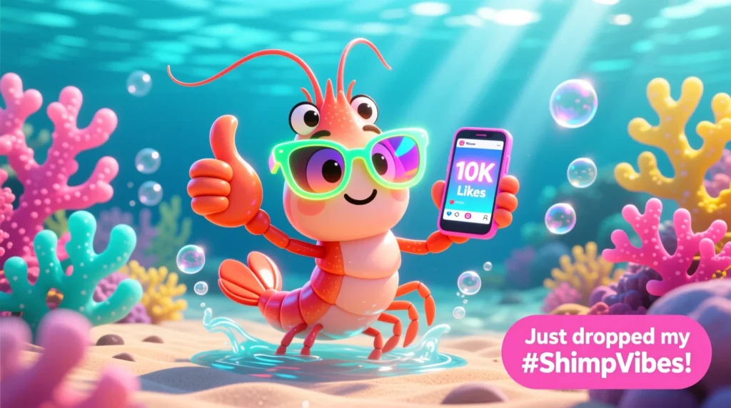 Cartoon shrimp posing underwater like an Instagram influencer with sunglasses, smartphone, and colorful coral background.