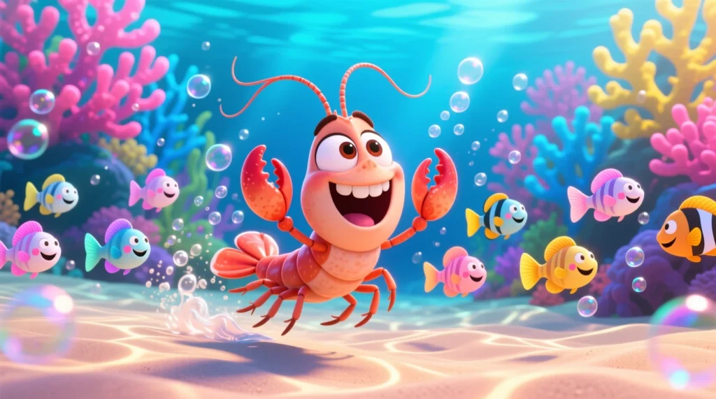 Cartoon shrimp laughing underwater with smiling fish and colorful coral, representing funny shrimp puns.
