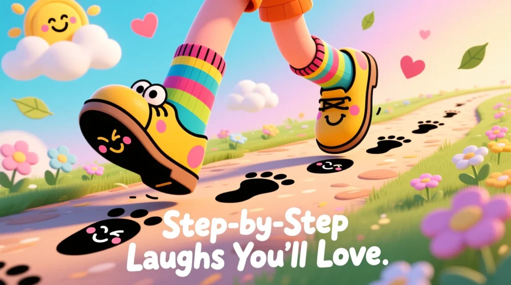 Cartoon legs stepping forward with smiling doodle footprints, representing step-by-step laughs.
