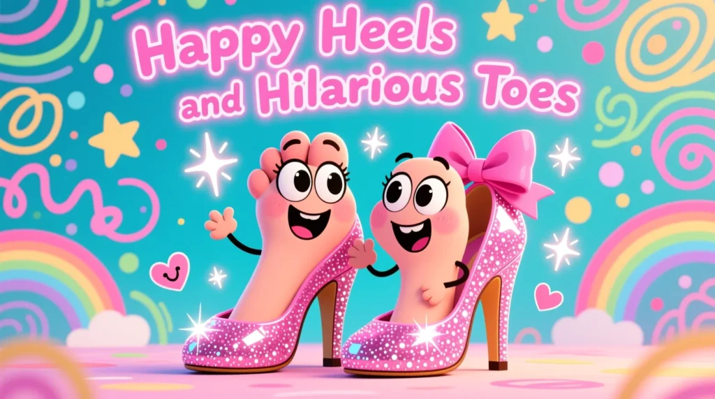 Cartoon high heels and smiling toes with playful sparkles, representing fun toe and heel humor.