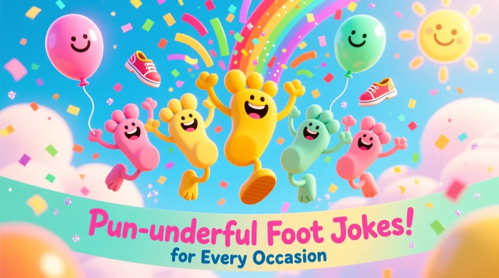 Cartoon feet with smiling toes celebrating with confetti and balloons, representing fun foot puns.