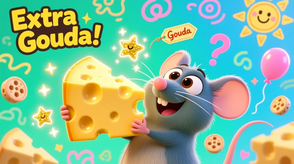 Cute cartoon rat holding cheese with playful sparkles, representing funny cheese-themed rat puns.