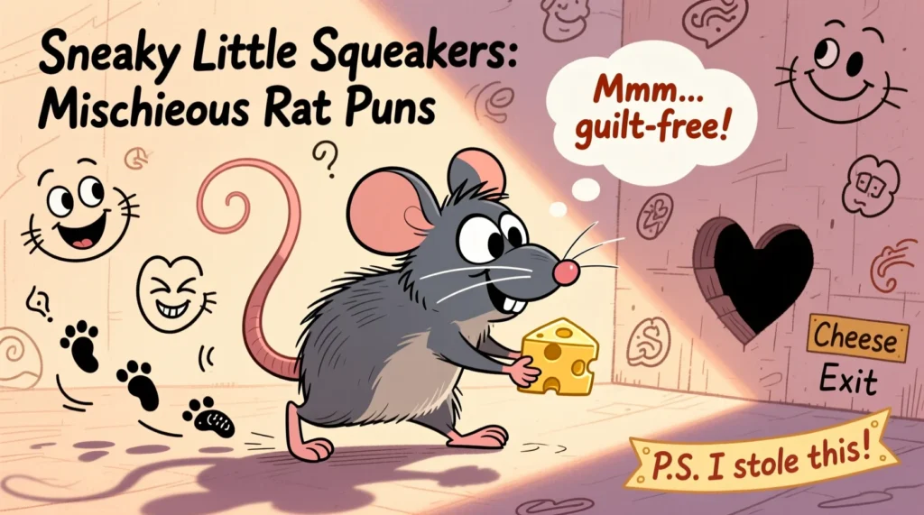 Mischievous cartoon rat tiptoeing with cheese, representing sneaky and playful rat puns.