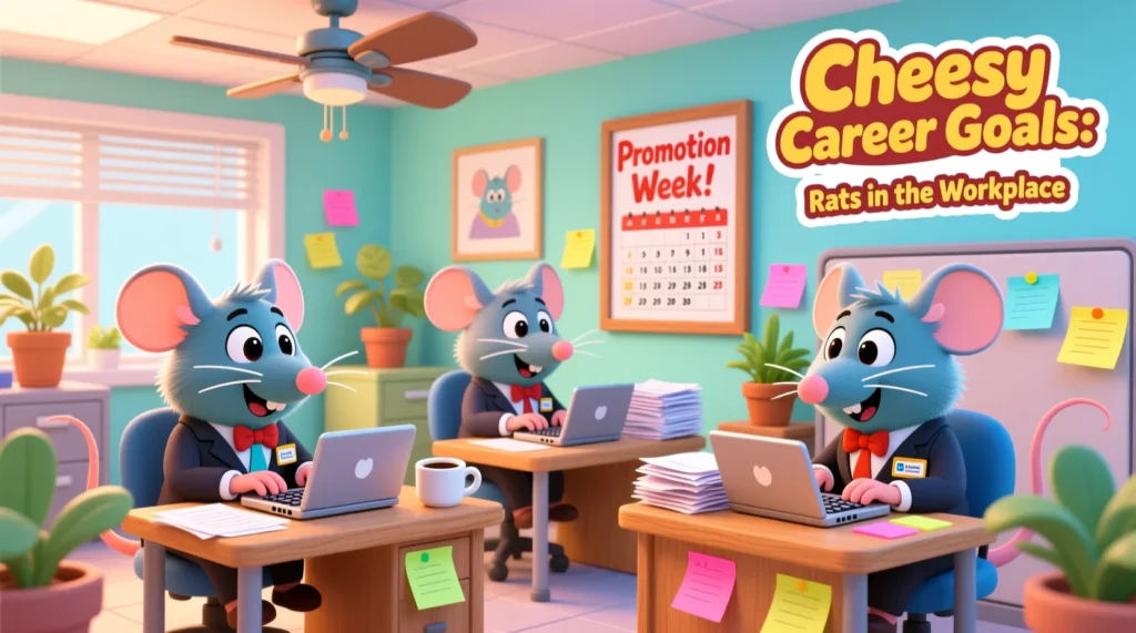 Cartoon rats in office outfits working at desks, representing funny workplace rat puns.