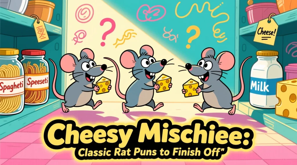Cartoon rats sneaking with cheese, representing funny and mischievous classic rat puns.