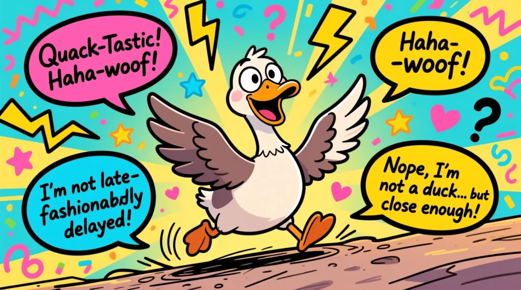 Cartoon goose laughing with wings spread, surrounded by playful doodles, representing funny goose sayings.