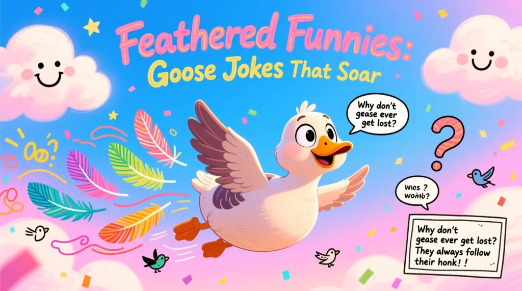 Cartoon goose flying with playful feathers and clouds, representing funny goose jokes.