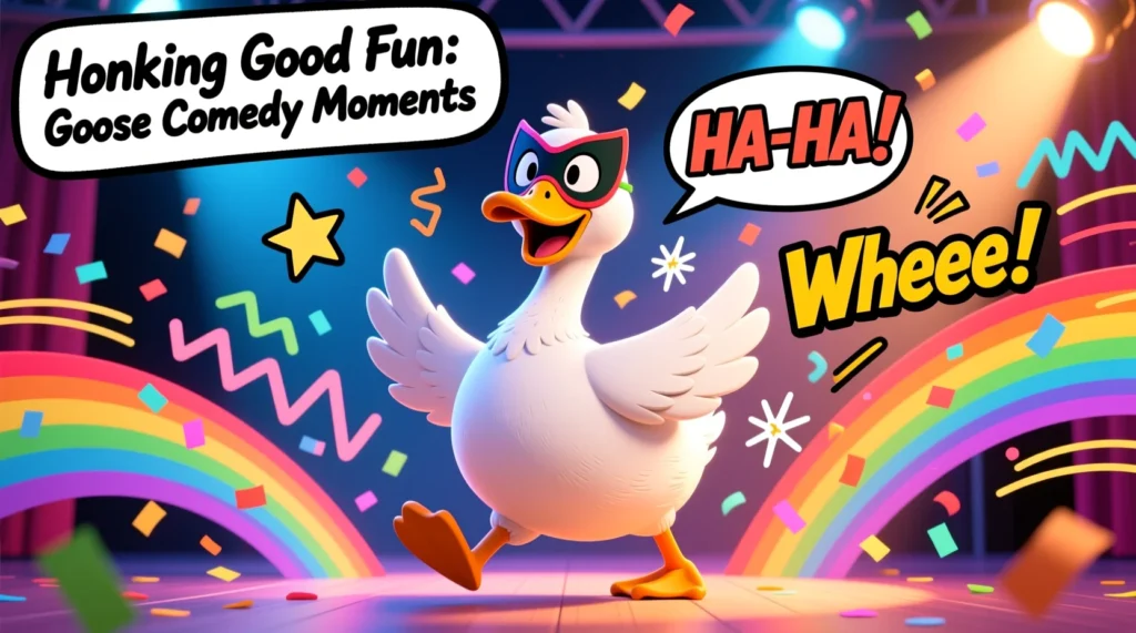 Cartoon goose wearing a comedy mask with confetti and playful doodles, representing funny goose comedy moments.