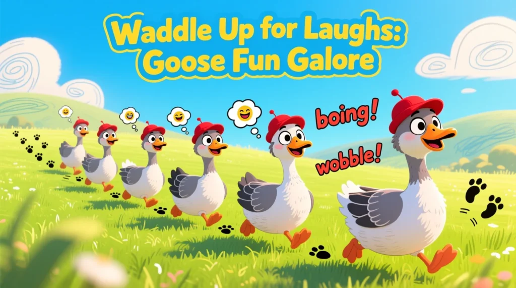 Cute cartoon geese waddling together in a cheerful line, with playful doodles, bright colors, and fun comic-style accents. Energetic, humorous, and lively, perfectly matching “Waddle Up for Laughs: Goose Fun Galore.”