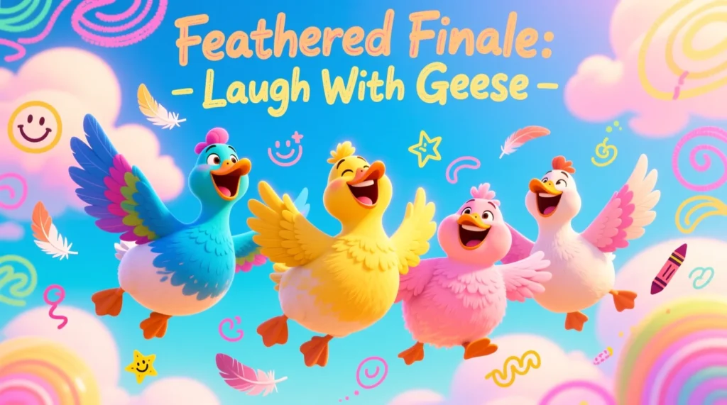 Cartoon geese laughing with feathers falling around them, representing funny and cheerful goose jokes.