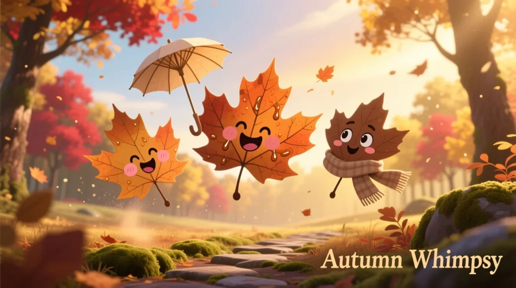 Sappy but funny leaf jokes illustration with laughing autumn leaves, cozy fall humor image, playful seasonal vibes