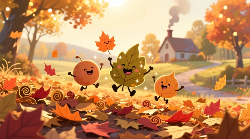 Crunch time autumn leaf laughs illustration with funny cartoon leaves, cozy fall season humor image, playful autumn vibes