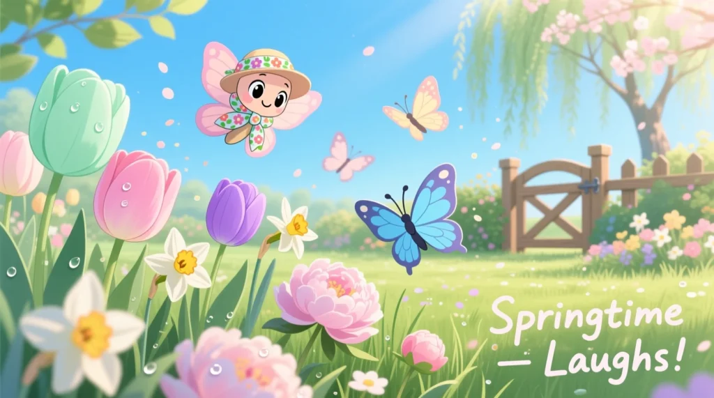 Silly butterfly one-liners illustration with playful flying butterflies, fun spring humor image, cheerful fluttering vibes