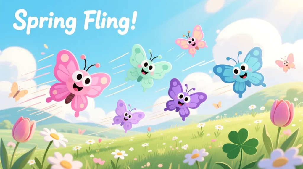Silly butterfly one-liners illustration with playful flying butterflies, fun spring humor image, cheerful fluttering vibes