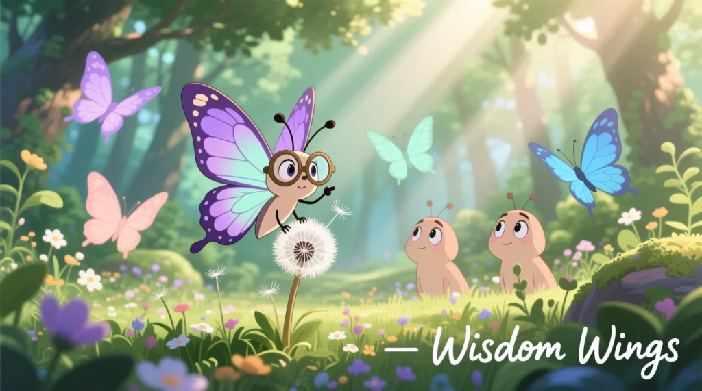 Funny butterfly life lessons illustration with wise cartoon butterflies, inspirational nature humor image