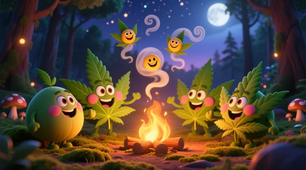 Funny cannabis leaves illustration around a warm fire, lighthearted baked humor image, playful cozy vibes