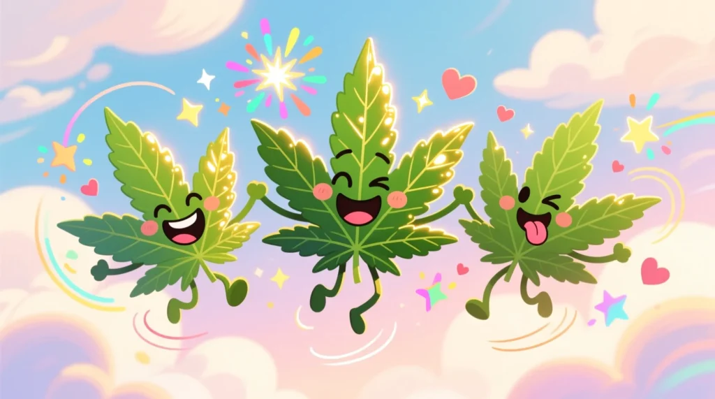 Funny cannabis puns illustration with playful leaves and glowing stars, cheerful weed humor image, lighthearted cartoon style
