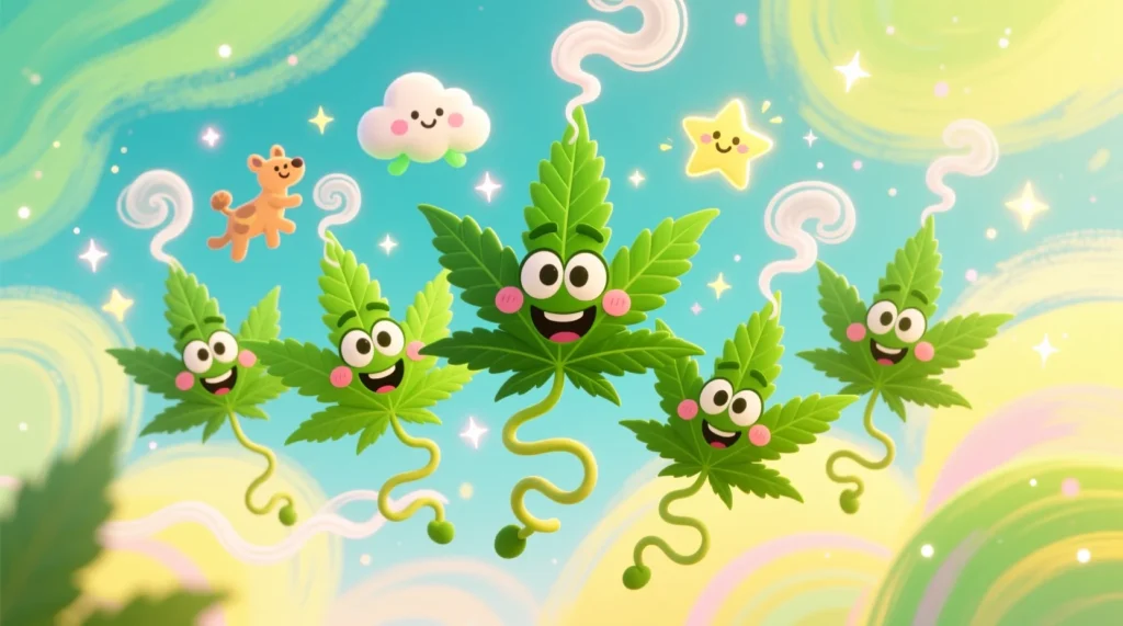 Funny cannabis one-liners illustration with smiling green leaves and playful smoke, lighthearted weed humor image