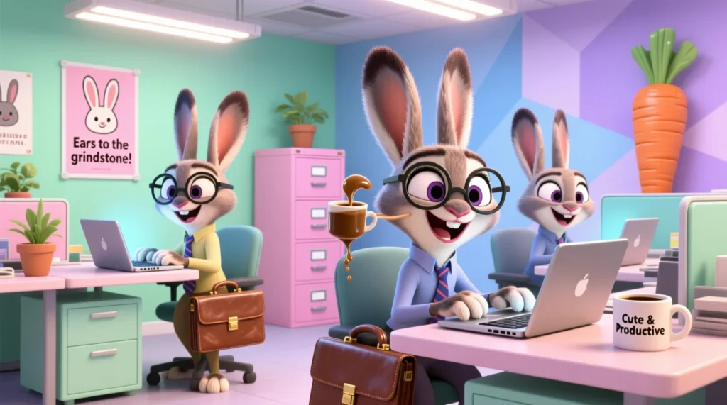 Funny rabbit work and career puns illustration with cartoon bunnies in office, playful professional humor image