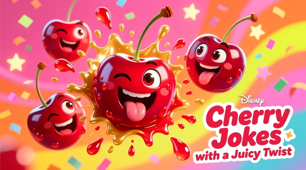 Cherry jokes with a juicy twist illustrated by funny smiling cherries splashing juice in a bright and playful cartoon style.