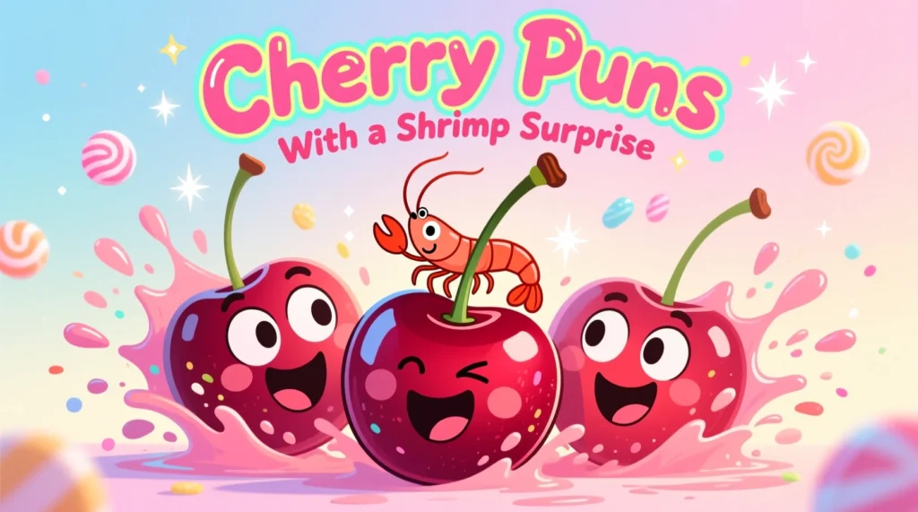 Cherry puns with a shrimp surprise shown through cute cartoon cherries and a funny shrimp in a colorful and playful illustration.