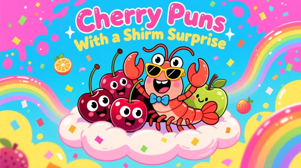 Funny cherry puns with a shrimp surprise illustrated by cute cartoon cherries and a smiling shrimp in a colorful playful scene.