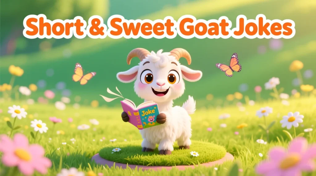Cute cartoon goat smiling on grass with a joke book and text about short and sweet goat jokes
