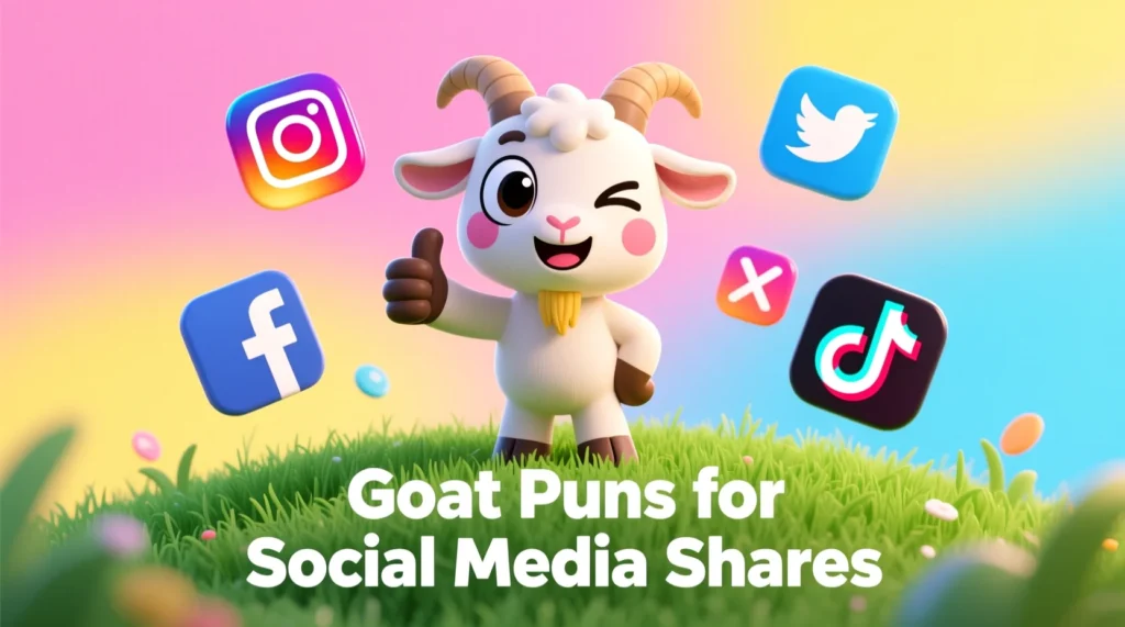 Cartoon goat winking with social media icons around and text about goat puns for social media shares