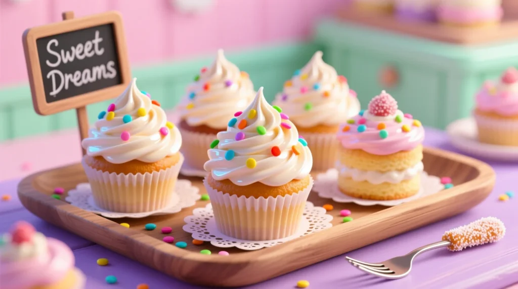 Frosting-filled cake puns illustration showing cupcakes with thick creamy frosting, colorful swirls, and sprinkles in a playful bakery style.