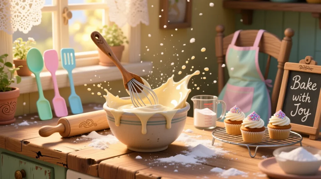 Baking and kitchen cake puns illustration showing a mixing bowl with cake batter, cupcakes, and kitchen utensils in a cozy bakery setting.