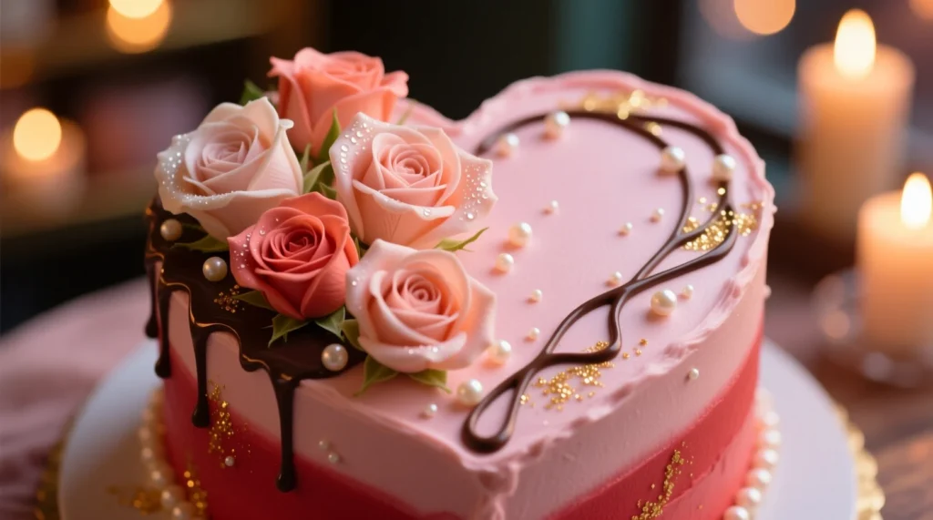 Romantic cake puns illustration featuring a heart-shaped cake with pink and red frosting, roses, and chocolate drizzle in a cozy, dreamy bakery setting.