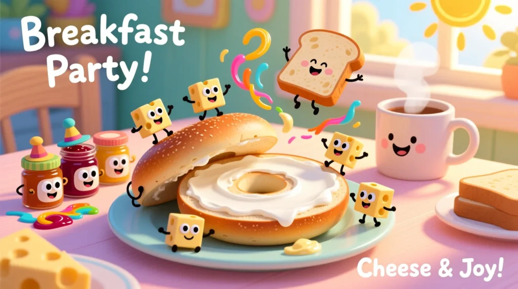 Cartoon bagel halves with cream cheese and animated cheese blocks, smiling and having fun in a colorful breakfast scene.