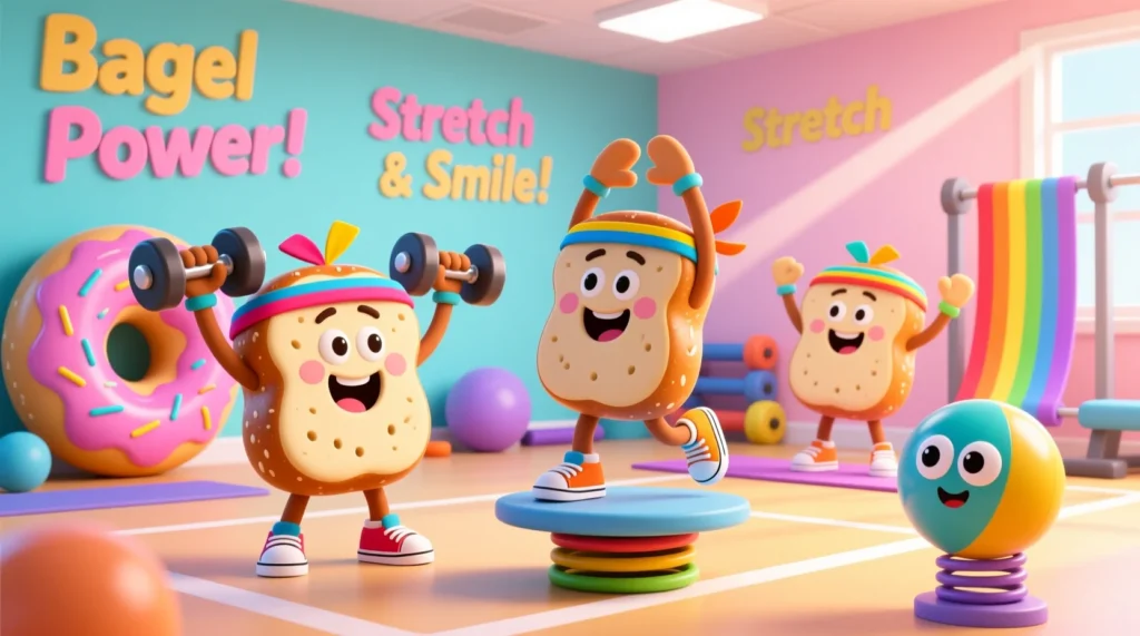 Animated bagels exercising with dumbbells and headbands in a fun, colorful gym scene, showing healthy humor.