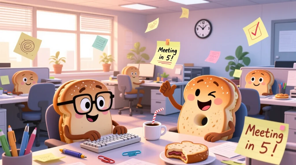 Cartoon bagels working at desks with coffee cups, keyboards, and sticky notes, showing funny office humor.