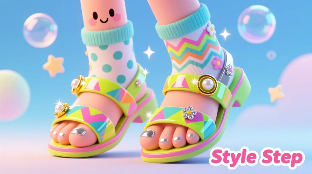 Cartoon toes in bright sandals, wearing tiny rings and decorated socks, looking stylish.