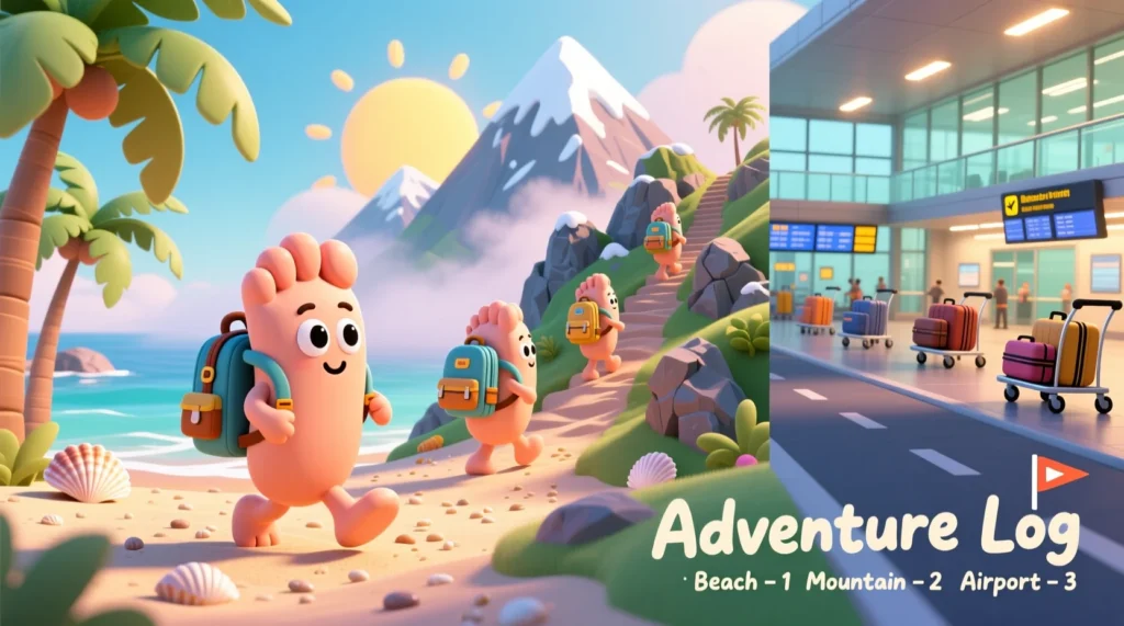  Cartoon toes with backpacks, exploring beaches, mountains, and airports.
