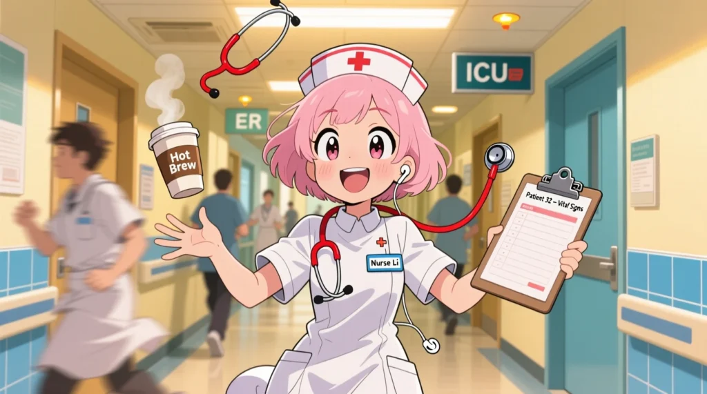 A cartoon nurse juggling coffee, stethoscope, and clipboard in a busy hospital hallway.