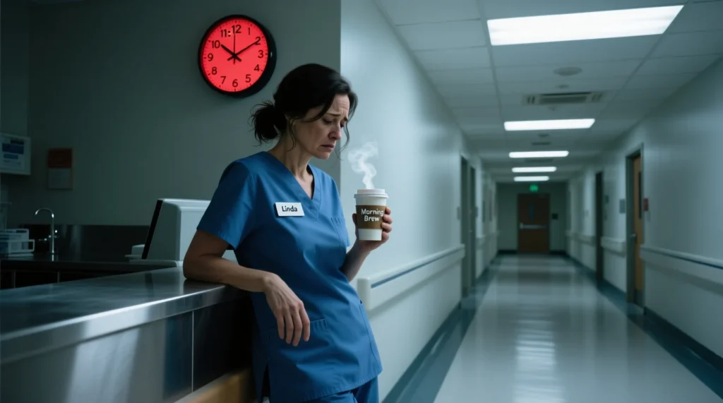  Nurse leaning on a counter with coffee, clock showing late hours.