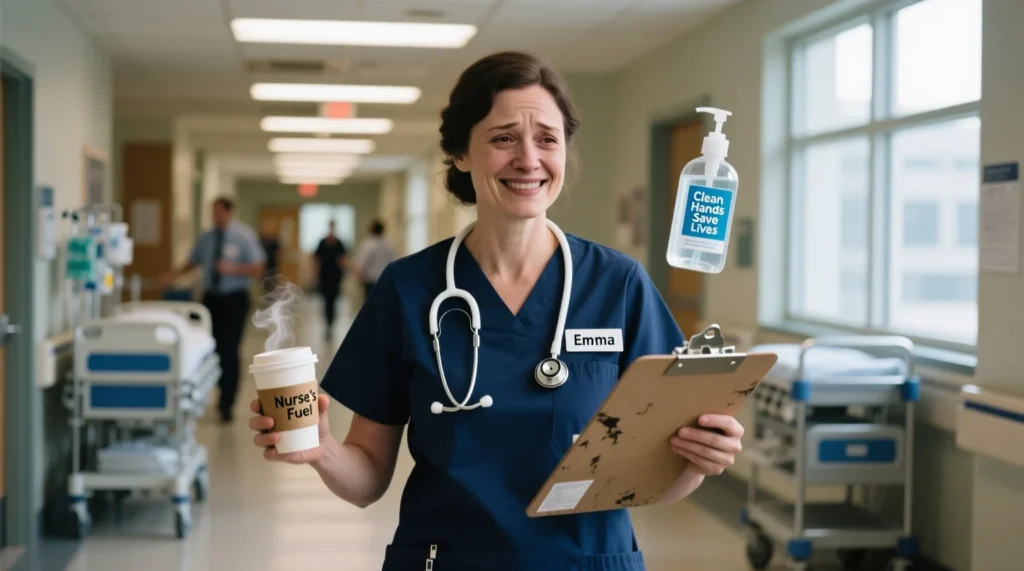 A tired but smiling nurse in scrubs juggling a clipboard, coffee, and sanitizer in a busy hospital hallway.