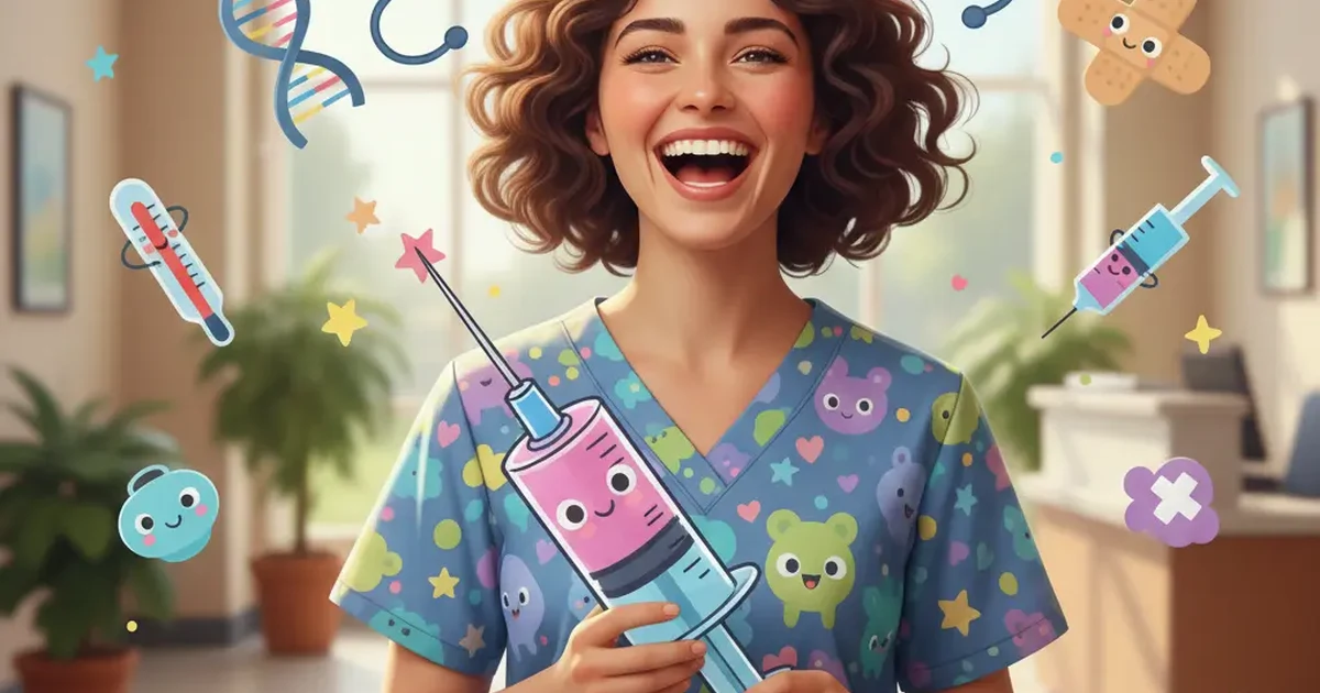  A tired but smiling nurse in scrubs juggling a clipboard, coffee, and sanitizer in a busy hospital hallway.