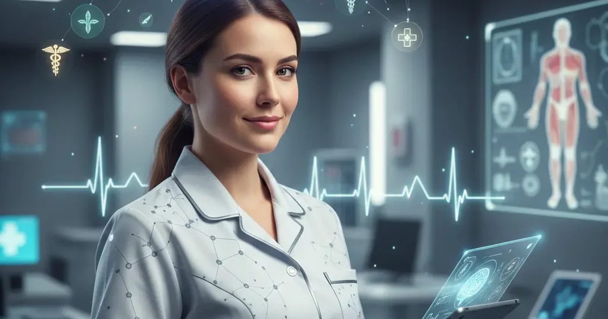 Nurse with glowing brain icons and medical symbols.