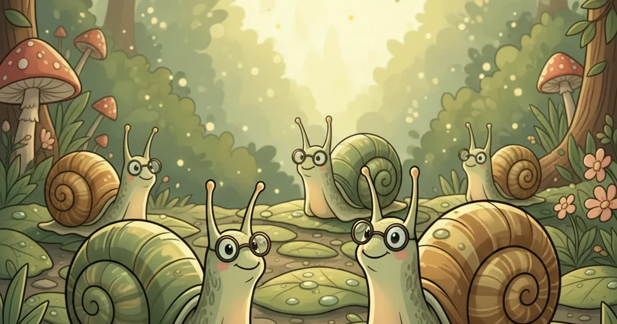 Snail life wisdom puns illustration with wise cartoon snails in a garden, funny inspirational snail humor image