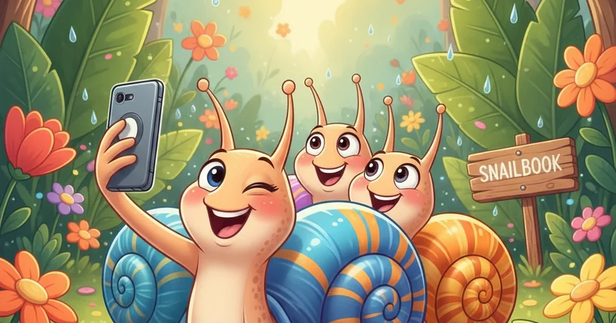 Snail puns for social media captions illustration with cartoon snails using phones, playful garden humor image