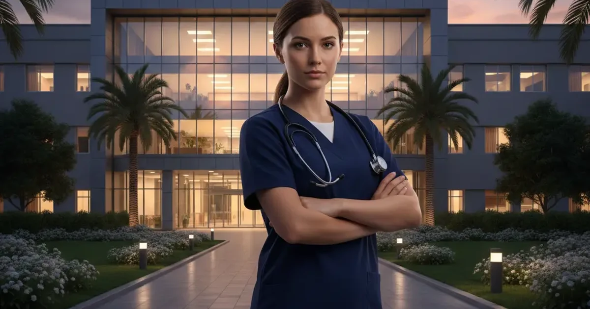 Confident nurse standing strong with hospital backdrop.