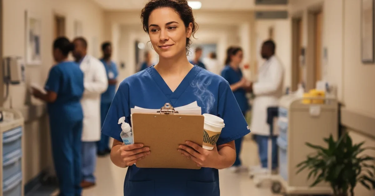  A tired but smiling nurse in scrubs juggling a clipboard, coffee, and sanitizer in a busy hospital hallway.