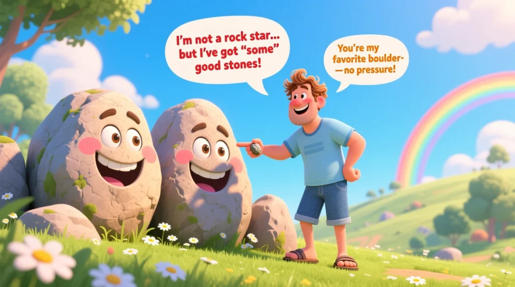 A cartoon dad laughing and telling jokes next to smiling rocks and boulders, with speech bubbles featuring funny dad puns.